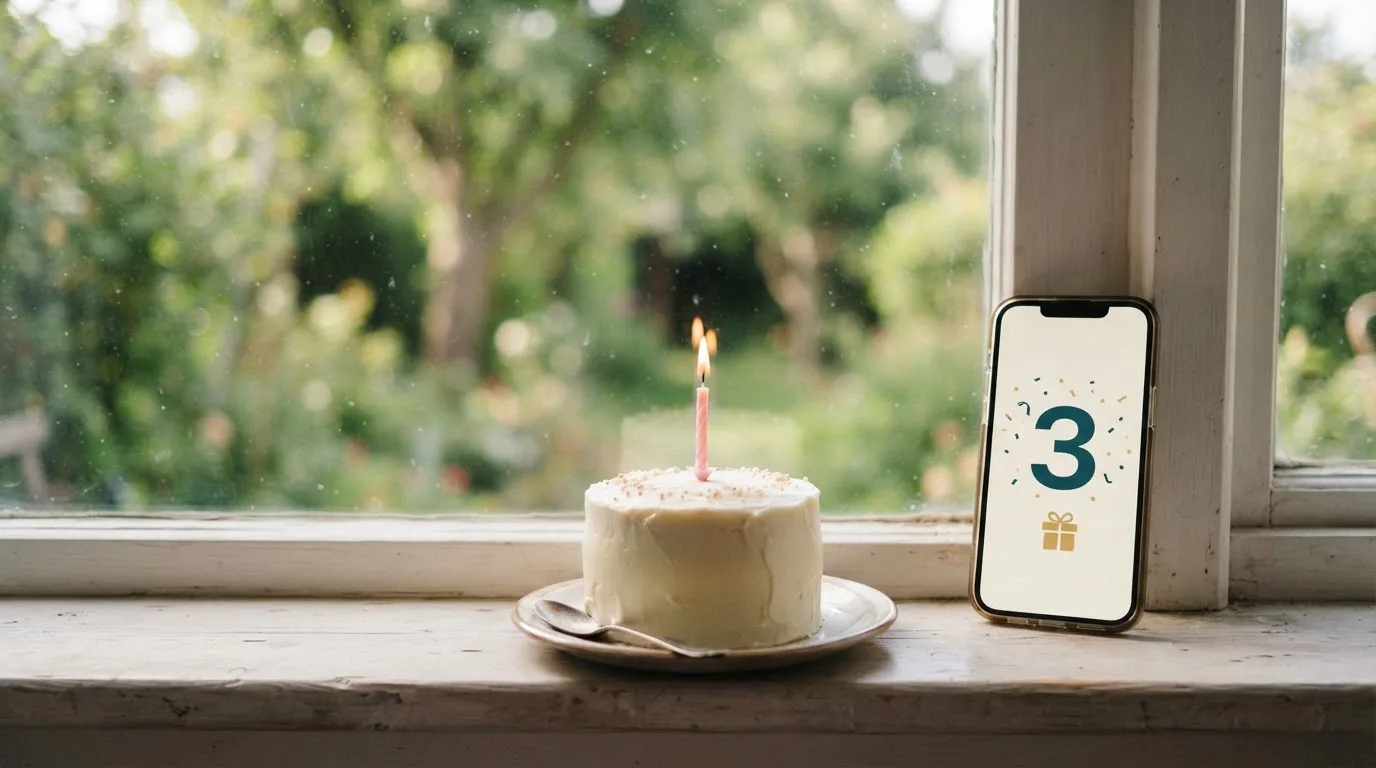 Na parapecie stoi mały tort z jedną świeczką obok telefonu wyświetlającego prosty ekran z jedną liczbą i ikoną prezentu